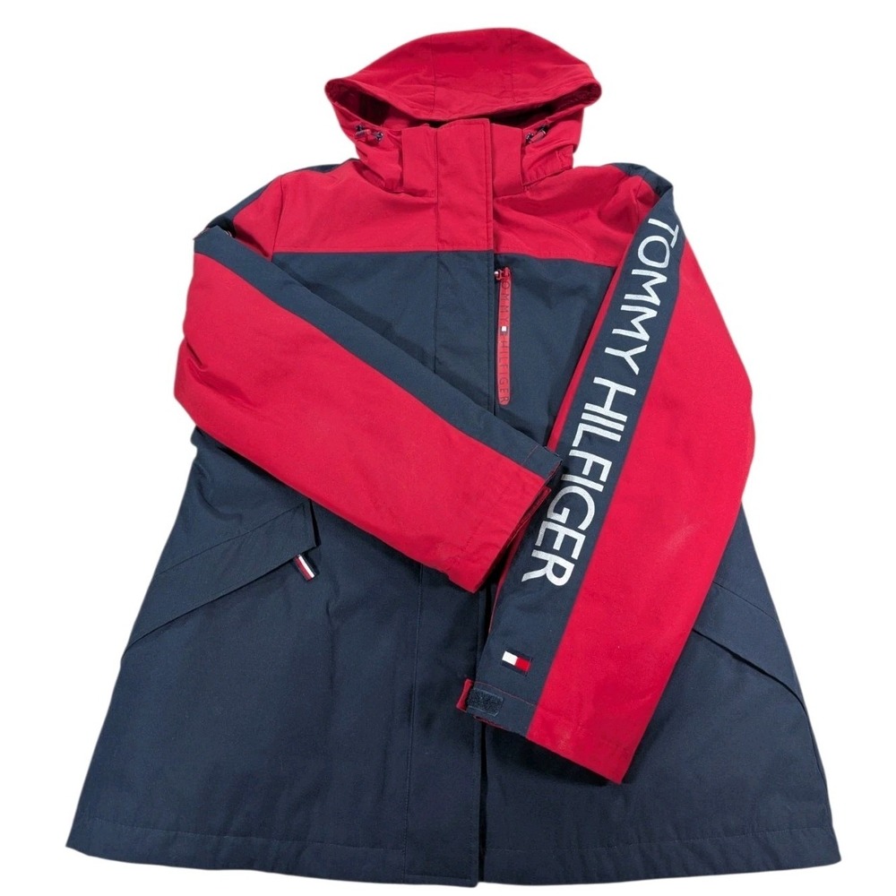 Tommy Hilfiger 3-in-1 System Jacket Womens XL Navy Red Hooded Parka Fleece Lined